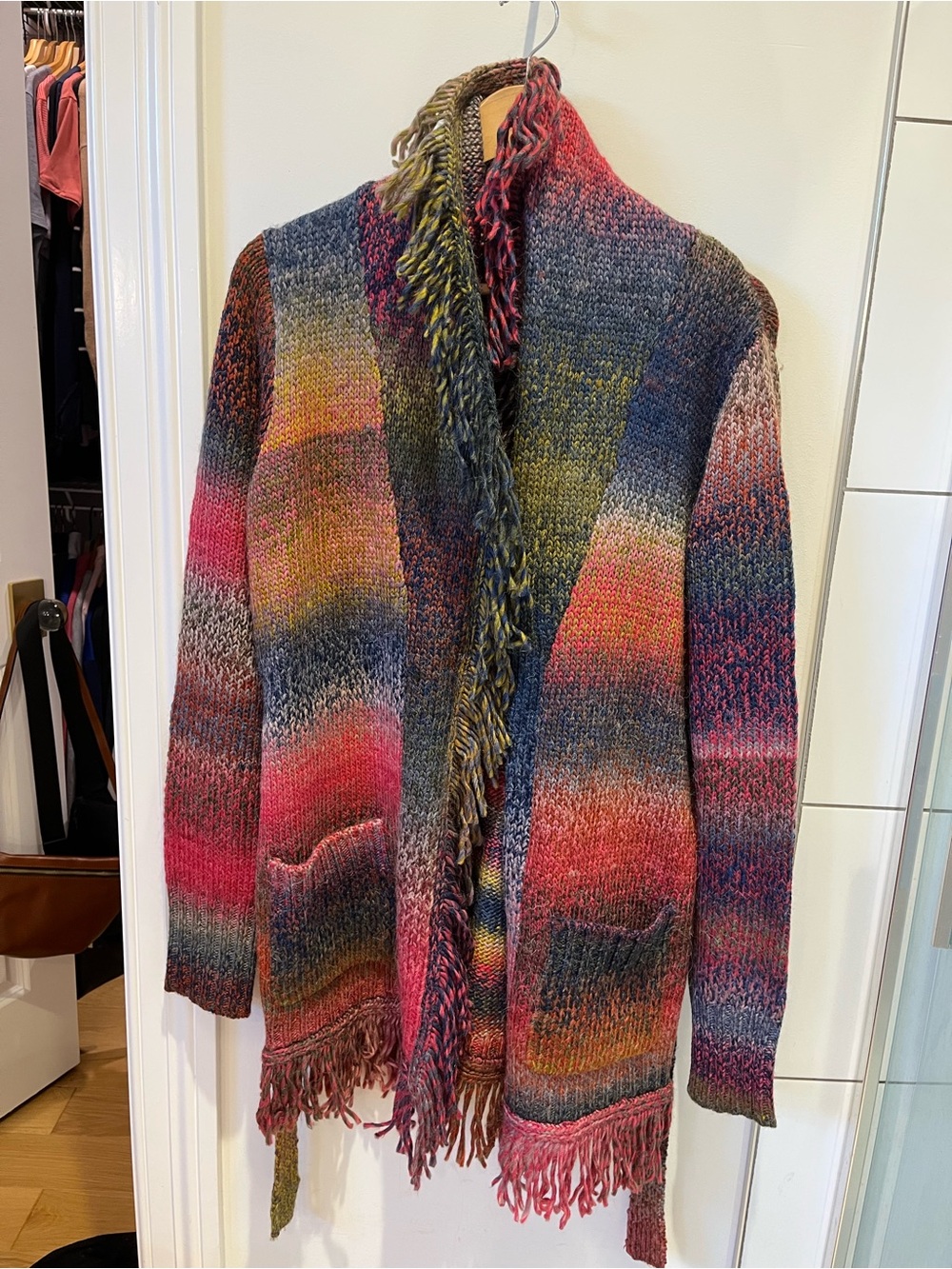 Amanda Uprichard Multicolor Fringe Knit Cardigan - Pink Blue Green Orange